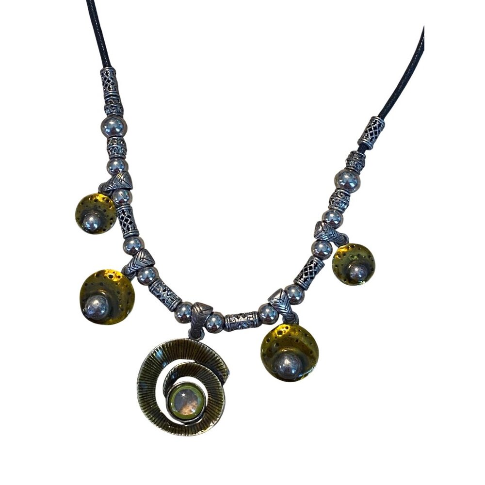 Beaded Artisan Necklace With Green Glass & Silver Accents On Black Cord